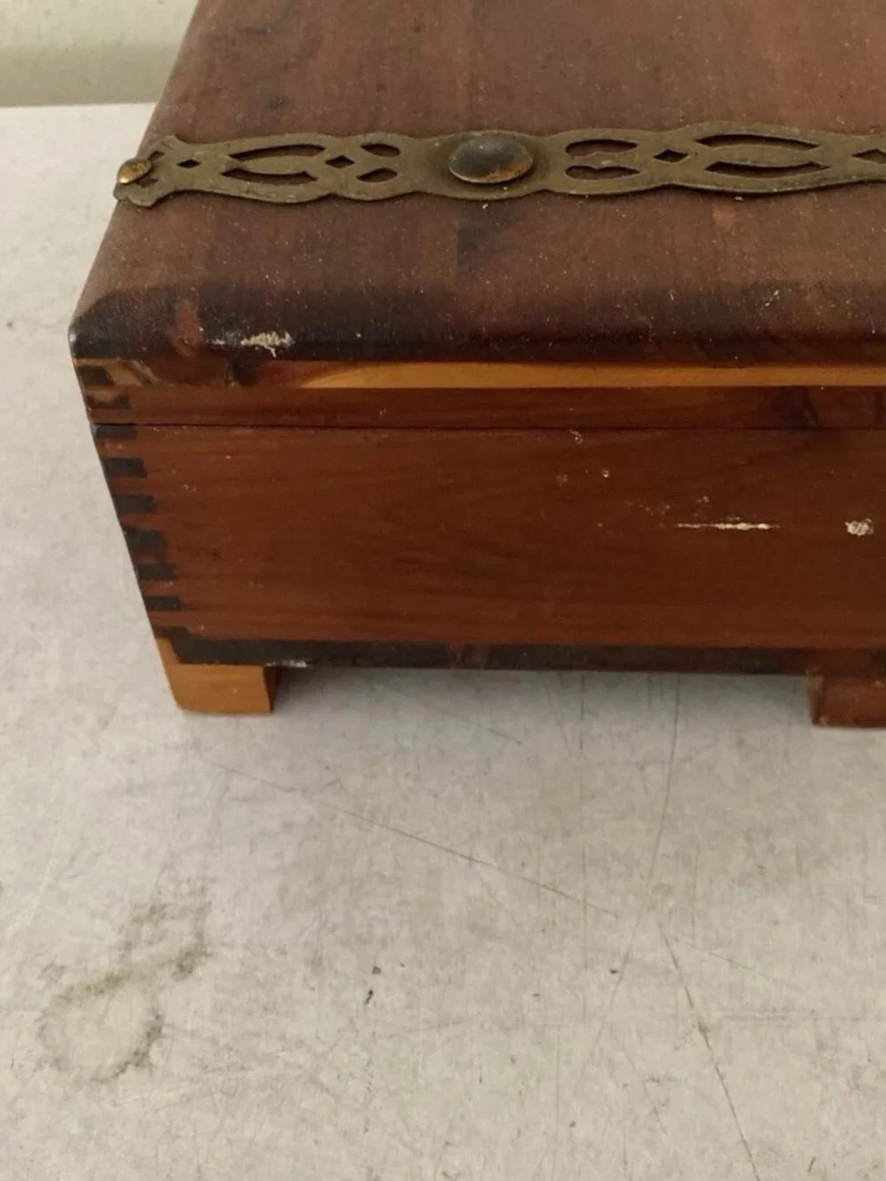Share Vintage 1940s Cedar Wood Metal Banded Trinket Box